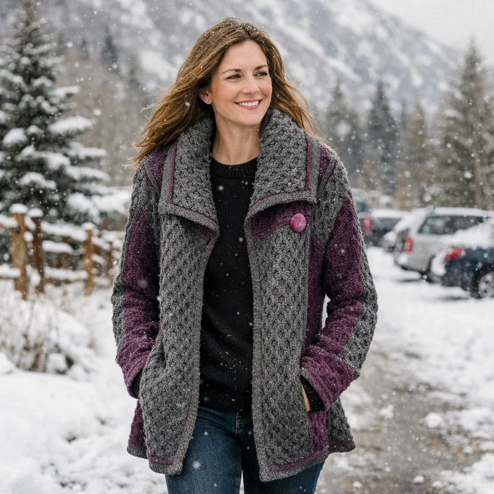 Aran Crafts Sweater Women Large Merino Wool Button Jacket Coat EUC Purple Gray - Picture 1 of 4